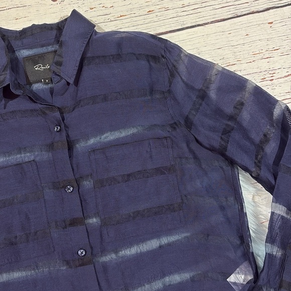 Rails Cameron Sheer Panel Cropped Button Front Blouse- Navy - Picture 7 of 9